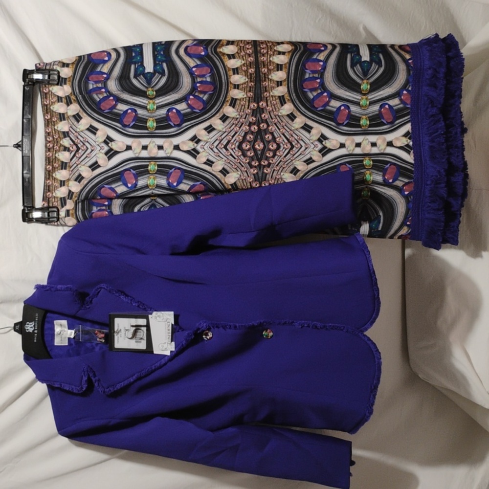 (BX10) SALE! New Sassy Jones Career Purple Fringed Trim Blazer/Print Skirt